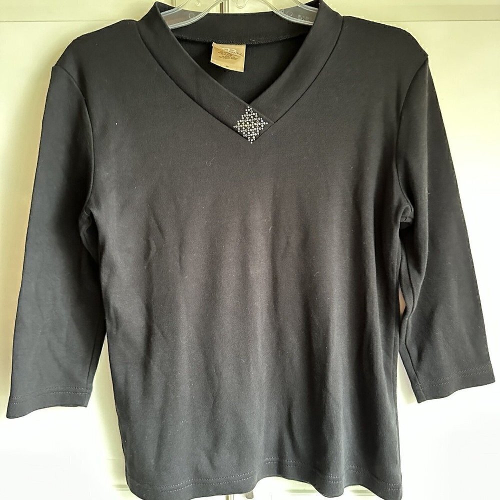 Gabrielle Rhode-Royce Womens‎ Size Small Black Top Rhinestone 3/4 Sleeve Shirt